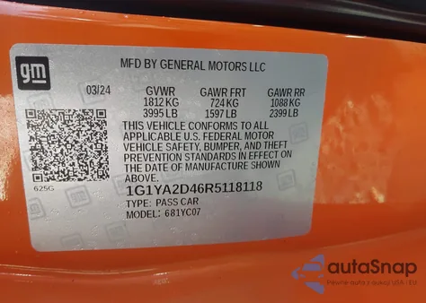 2024 Chevrolet Corvette Stingray Rwd 1Lt from USA, damaged, VIN 1G1YA2D46R5118118